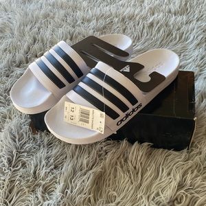 Adidas Adilette Shower Slides Sandals Men 12 Women 13 White Black Stripes NIB